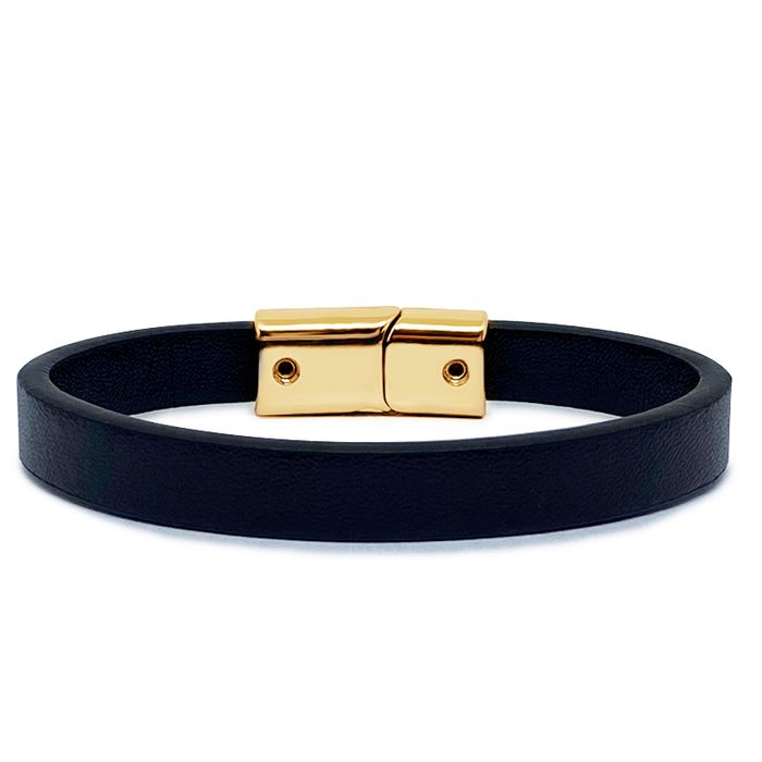 Pulseira de Couro Masculina - Preto  Dourada-2